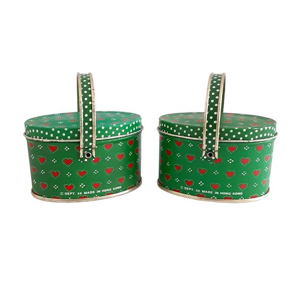 Vintage Dept 56 Christmas Mini Tin Containers Handled Green Set of 2 Holiday